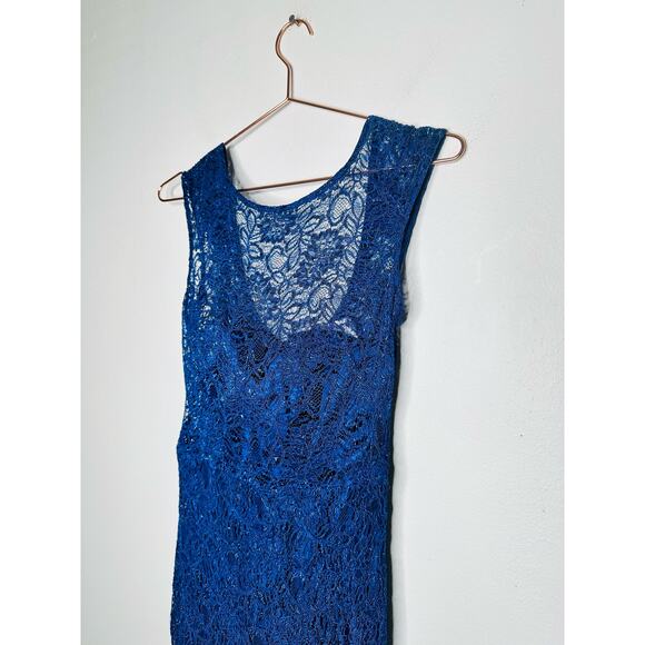 THEIA Dark Blue Metallic Floral Lace Overlay Shimmering Element Gown Size 6 - Picture 11 of 16